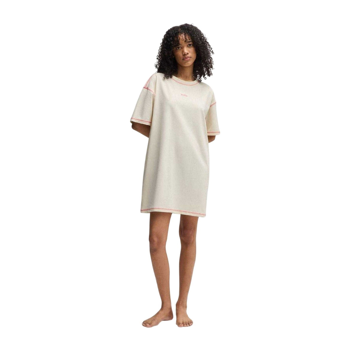 Natural - Pack Shot - Hugo Womens-Ladies Contrast Logo Cotton T-Shirt Dress