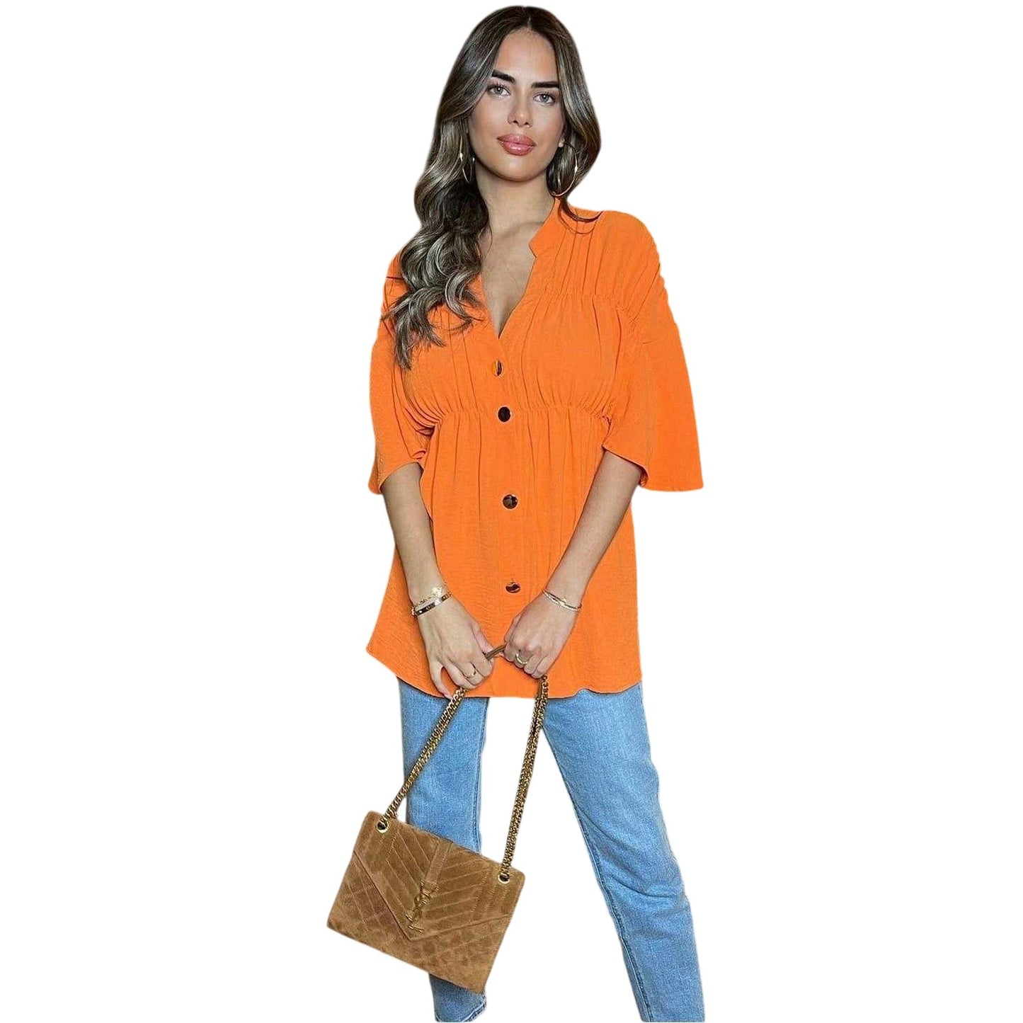 Orange - Side - AX Paris Womens-Ladies Ruched V Neck Smock Top