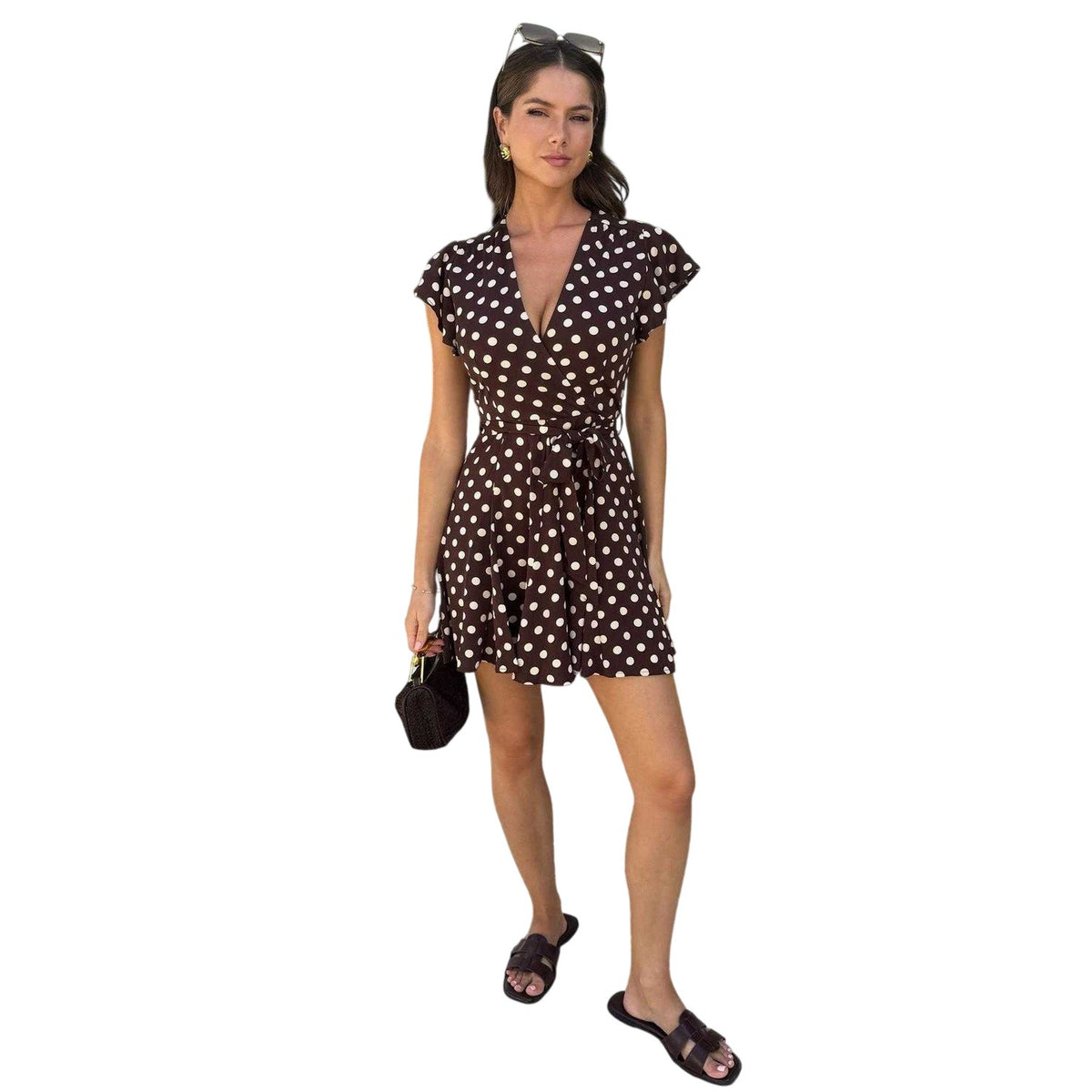 Chocolate - Side - AX Paris Womens-Ladies Polka Dot Mini Skater Wrap Dress