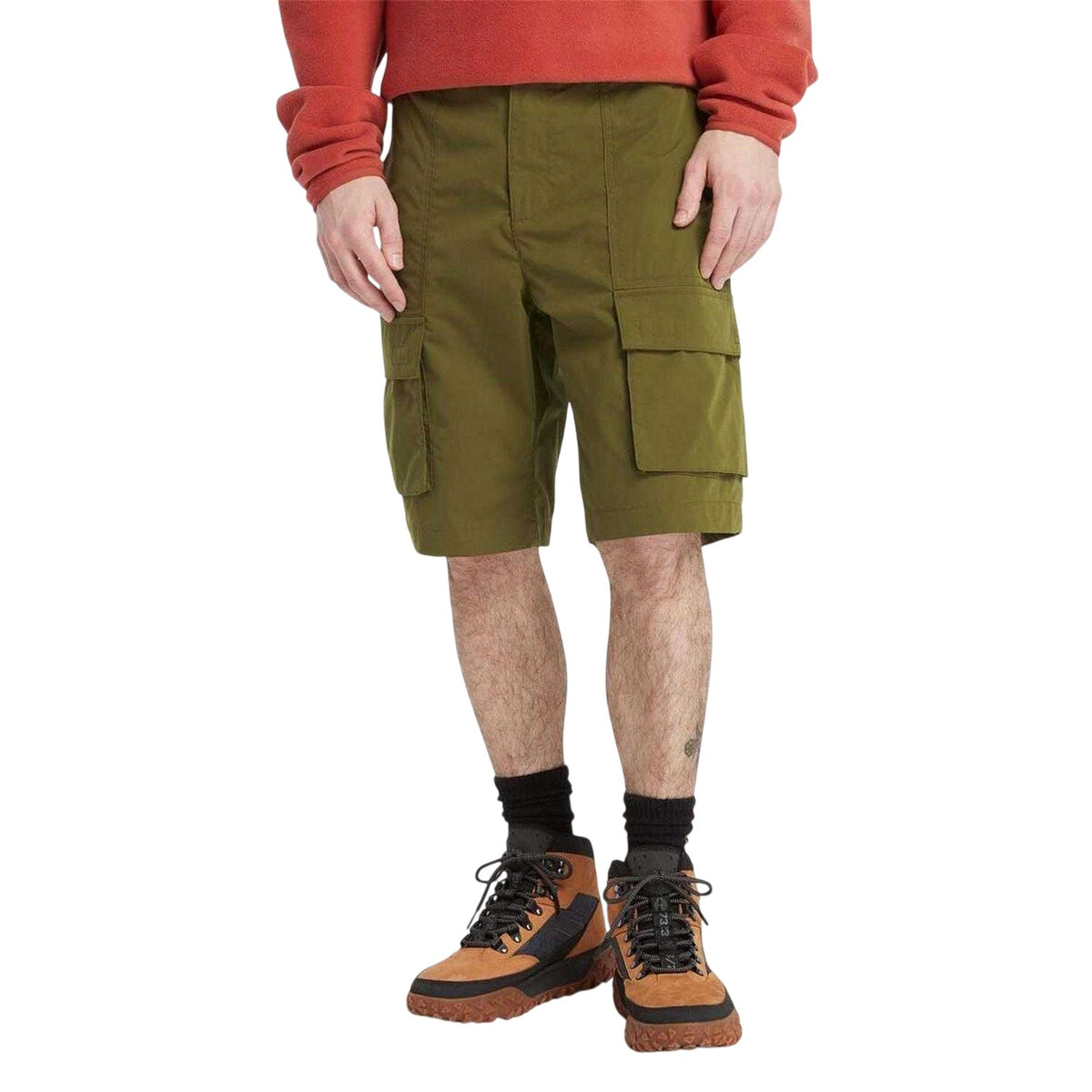 Olive - Side - Timberland Mens Water Repellent Leather Badge Relaxed Fit Cargo Shorts