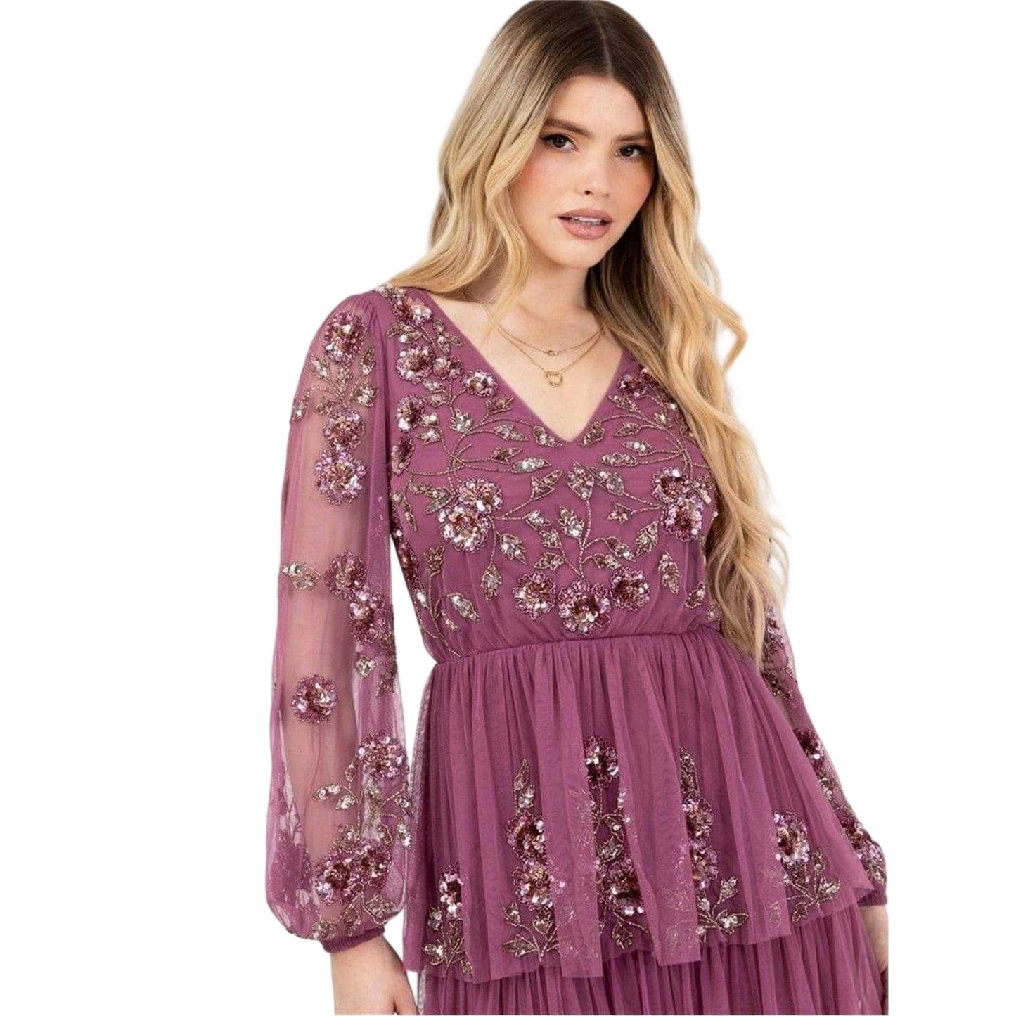 Rose - Side - Maya Deluxe Womens-Ladies Sequin Tiered Maxi Dress