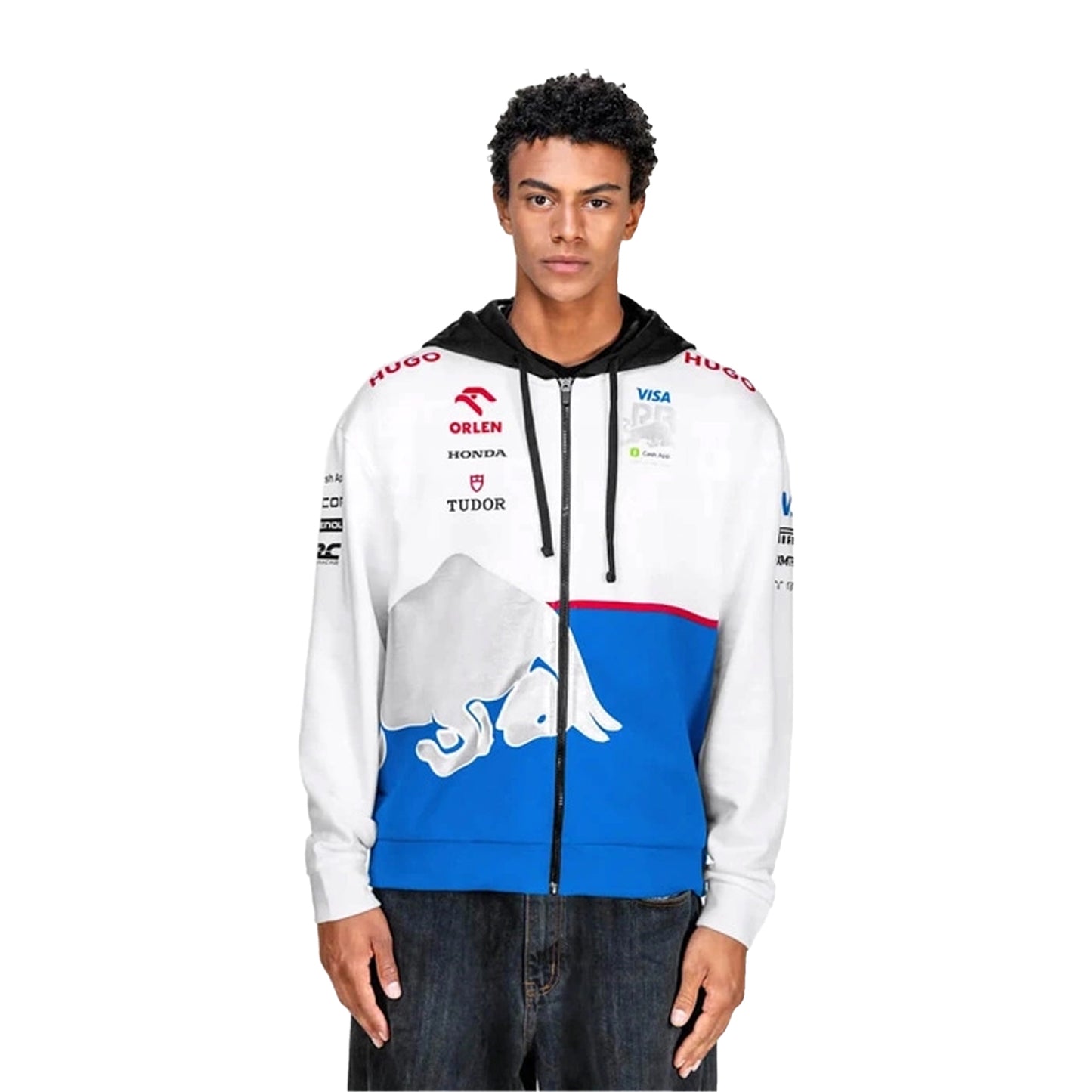 White - Side - Hugo Unisex Adult Racing Bulls Regular Full Zip Hoodie