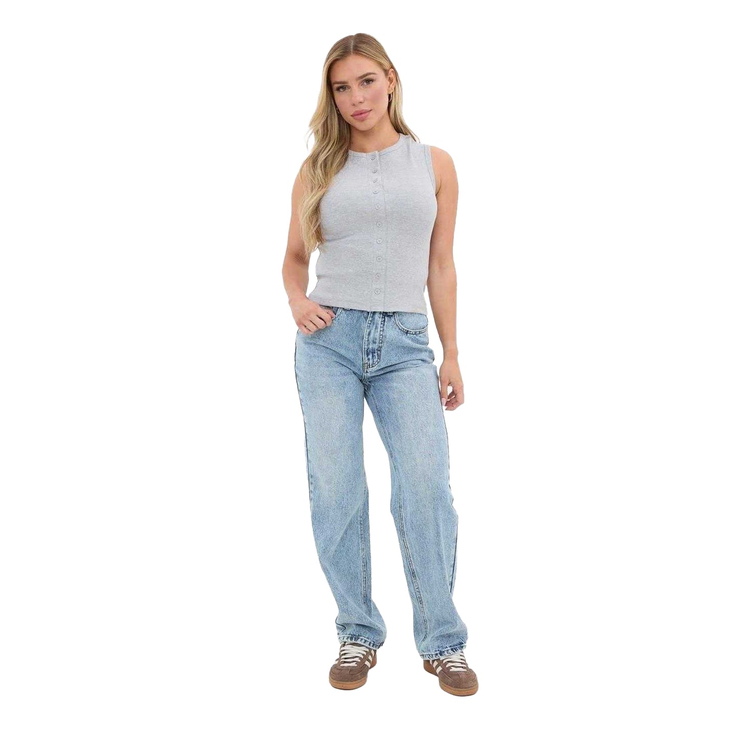 Grey Marl - Lifestyle - I Saw It First Womens-Ladies Button Front Fitted Sleeveless Crop Top