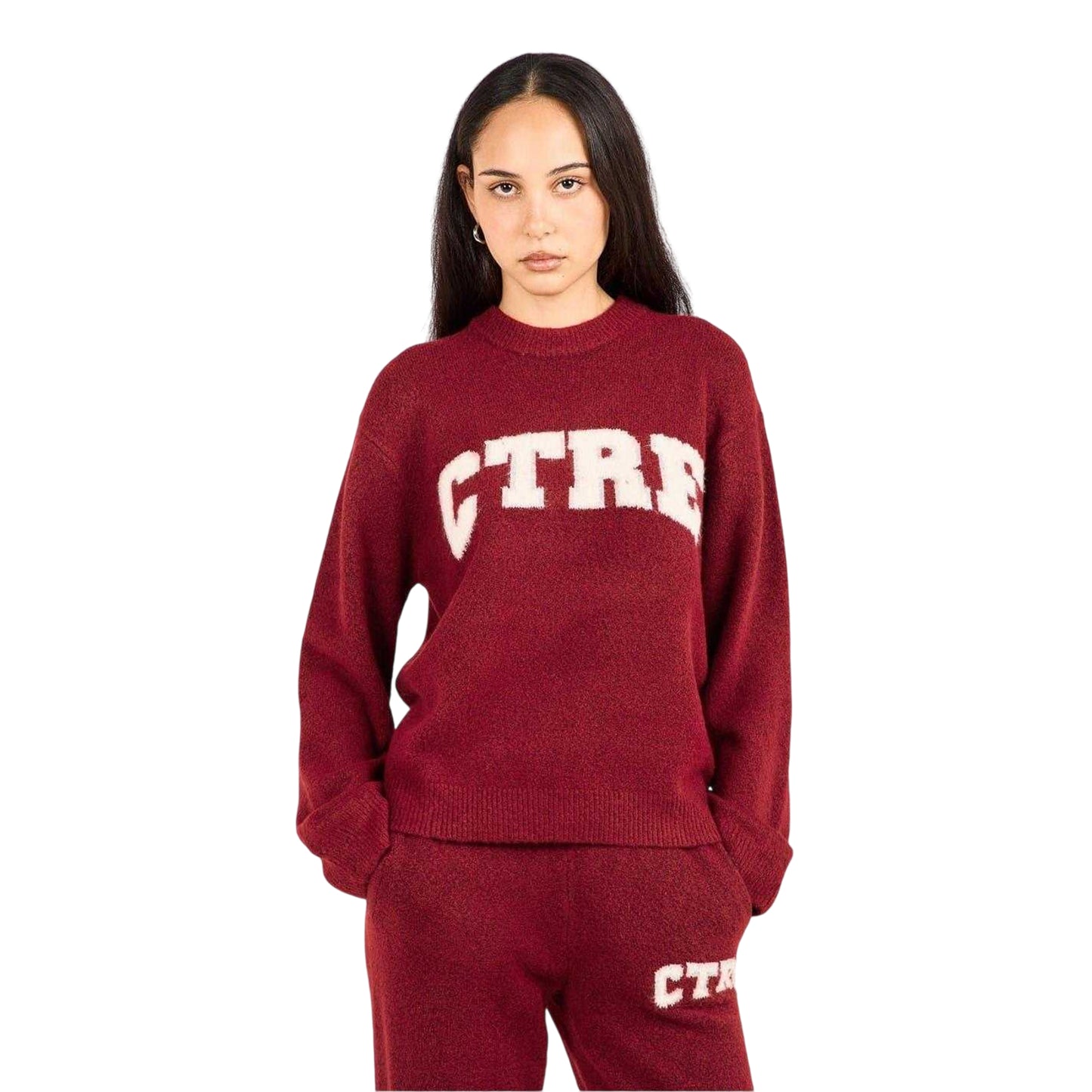 Burgundy - Side - Couture Womens-Ladies Knitted Crew Neck Jumper