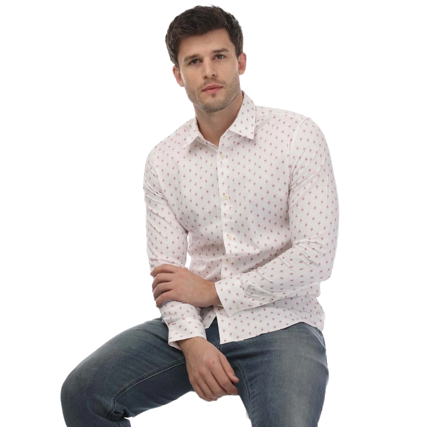 White - Side - Ted Baker Mens Ardea Geometric Long-Sleeved Shirt