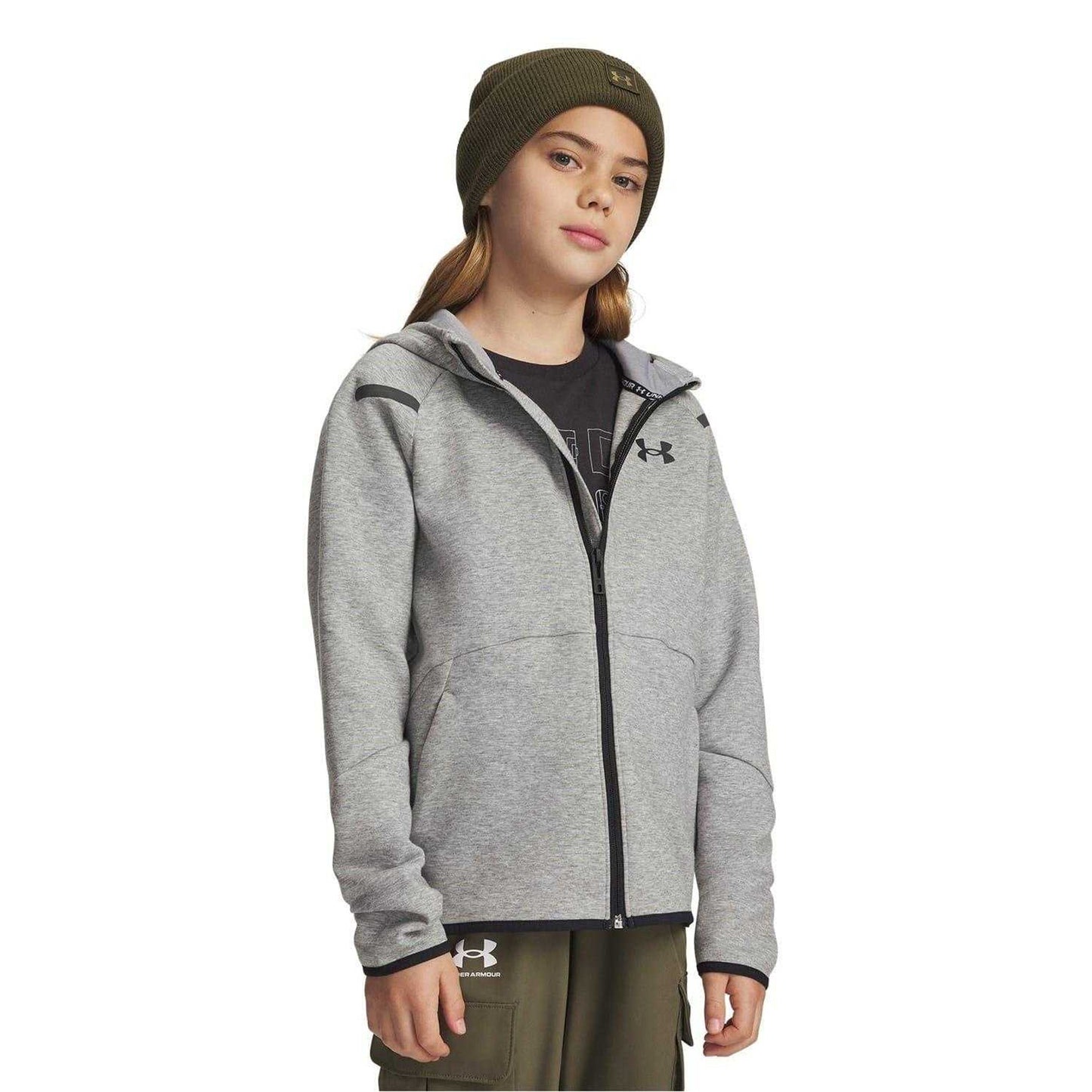 Grey - Side - Under Armour Childrens-Kids Unstoppable Raglan Full Zip Hoodie