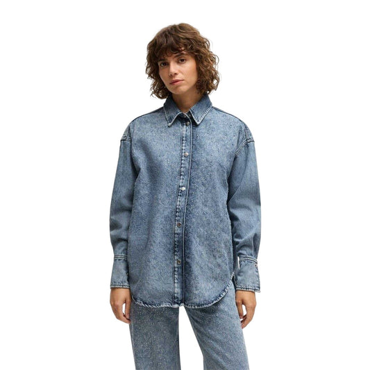 Dark Blue - Front - Boss Womens-Ladies Denim Relaxed Fit Long-Sleeved Shirt