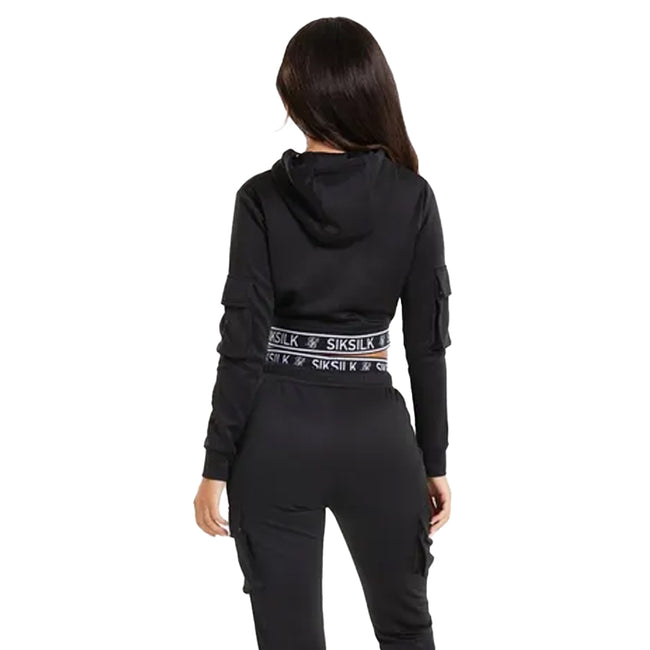 Black - Back - SikSilk Womens-Ladies Cargo Crop Hoodie