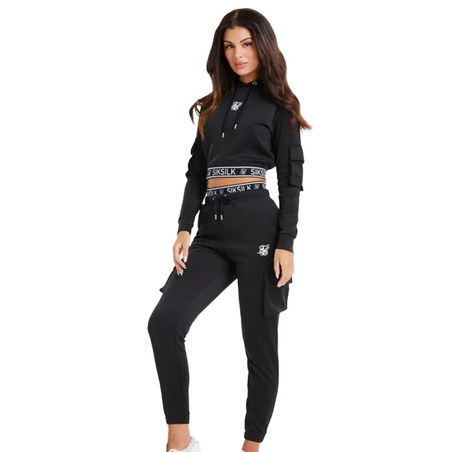 Black - Side - SikSilk Womens-Ladies Cargo Crop Hoodie