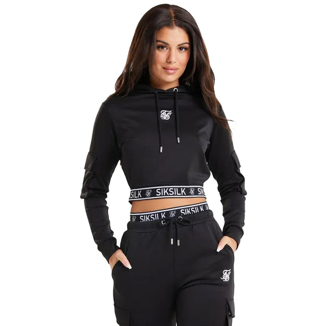 Black - Front - SikSilk Womens-Ladies Cargo Crop Hoodie