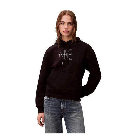 Black - Front - Calvin Klein Womens-Ladies Jeans Jersey Logo Hoodie