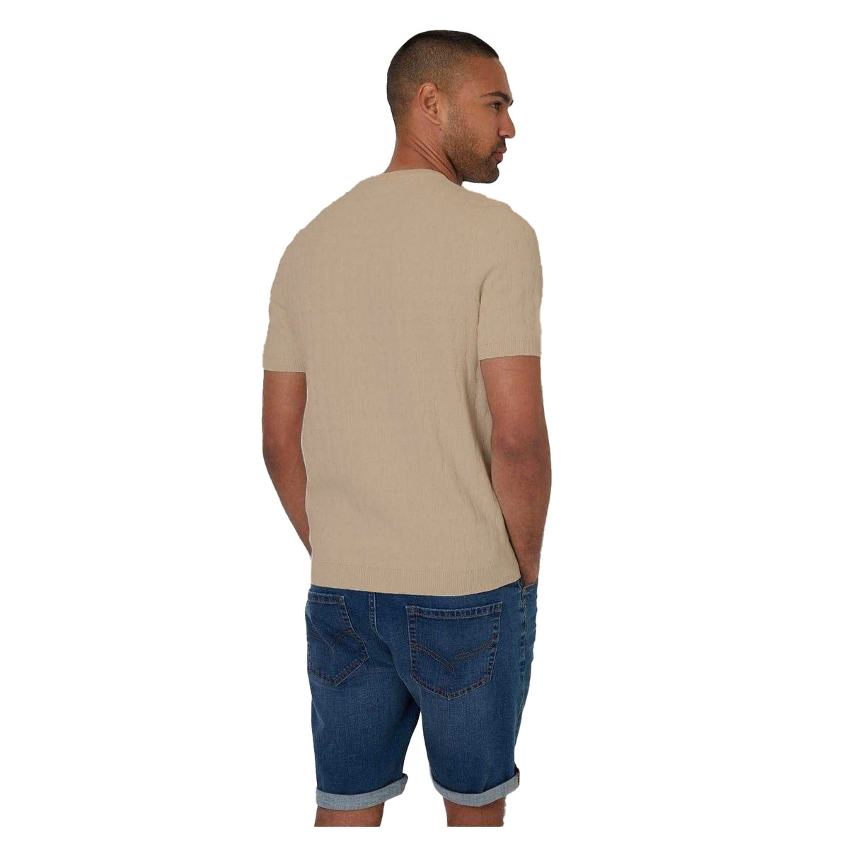 Beige - Back - Threadbare Mens Cable Knit Crew Neck T-Shirt