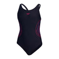 Navy-Pink - Front - Speedo Girls Placement Muscleback One Piece Swimsuit