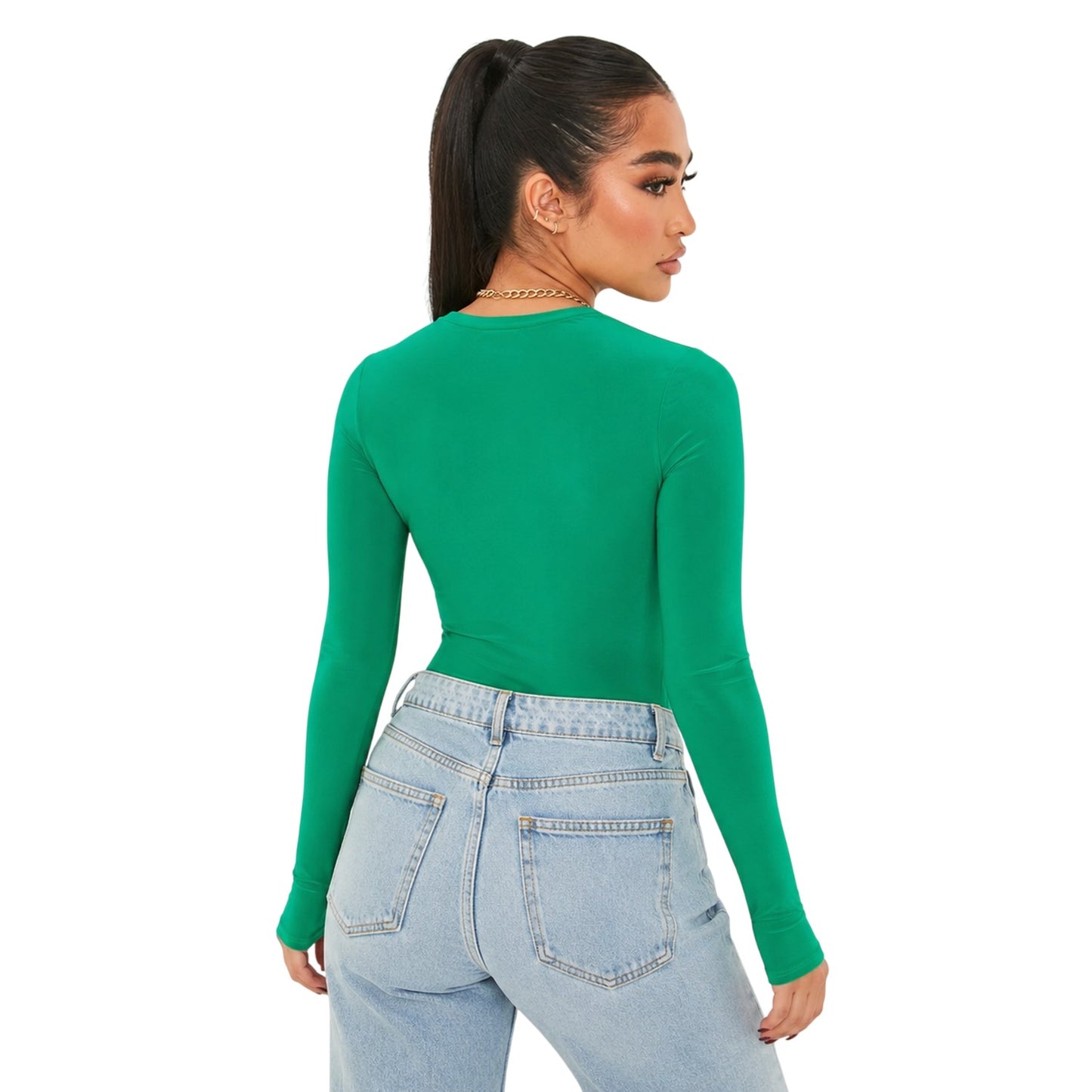 Green - Back - Missy Empire Womens-Ladies Cut Out Long-Sleeved Bodysuit
