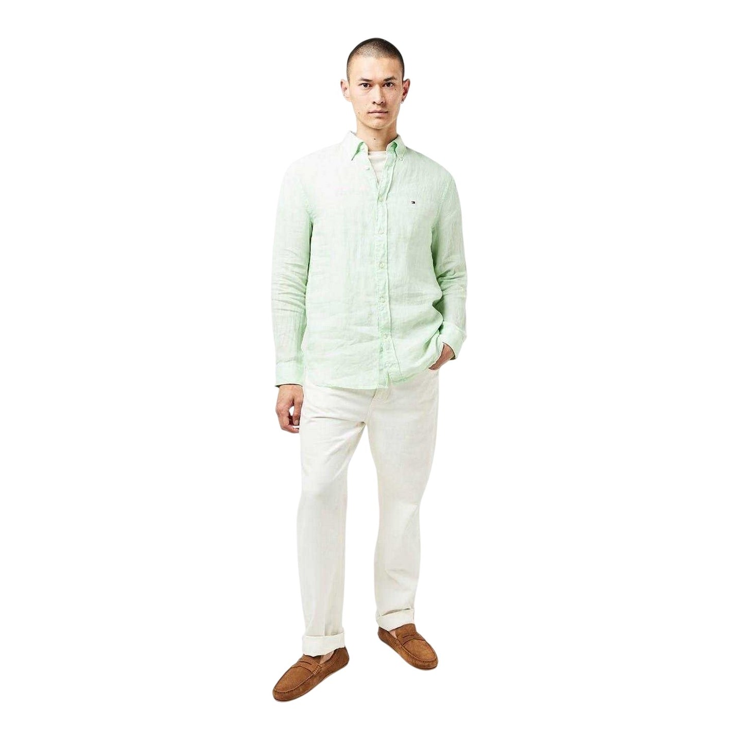 Opal Green - Pack Shot - Tommy Hilfiger Mens Linen Regular Long-Sleeved Shirt