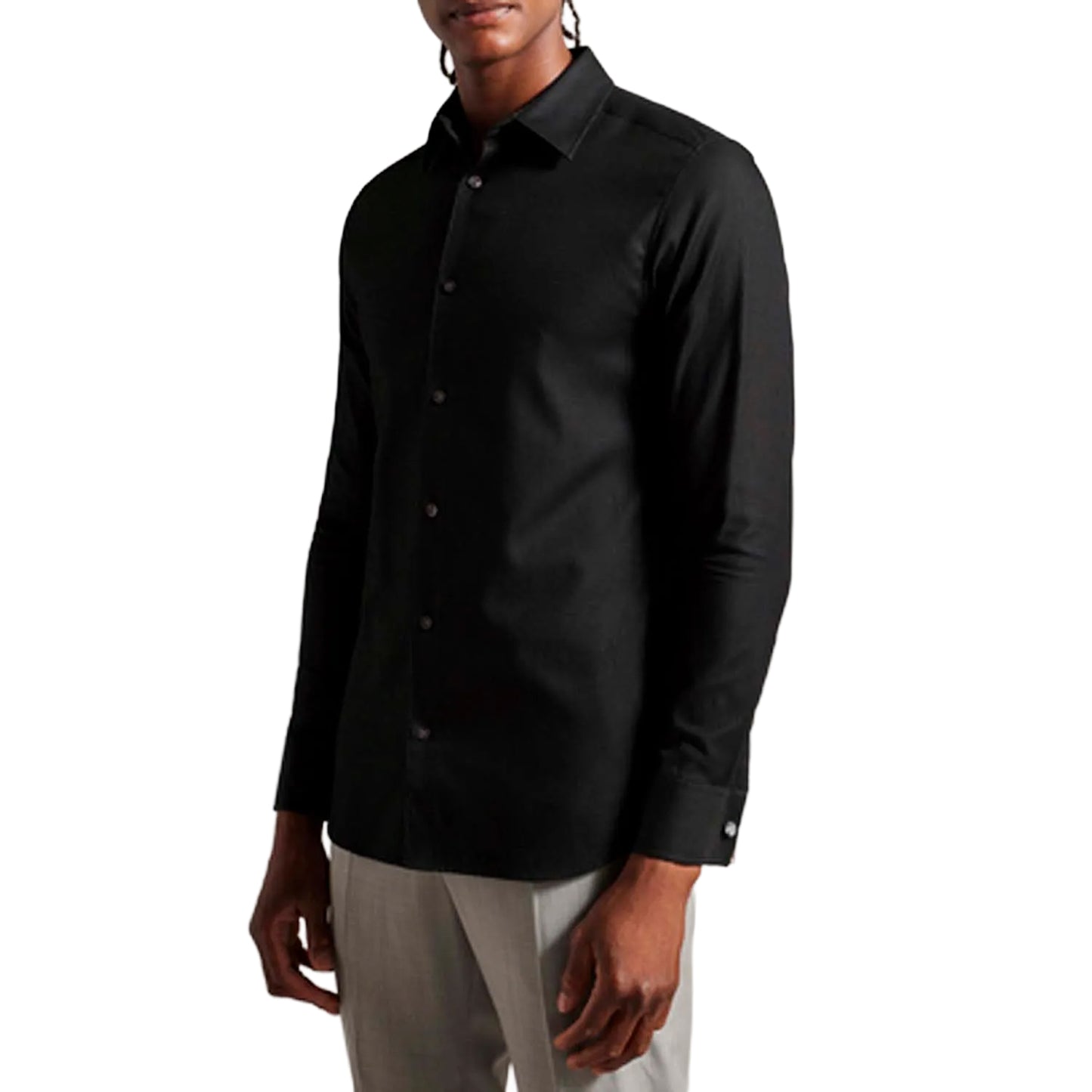 Black - Side - Ted Baker Mens Lecce Textured Stripe Long-Sleeved Shirt