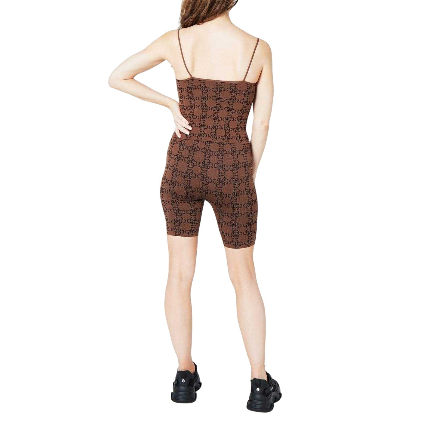 Brown - Pack Shot - Guess Womens-Ladies Monogram Ribbed Fitted Top