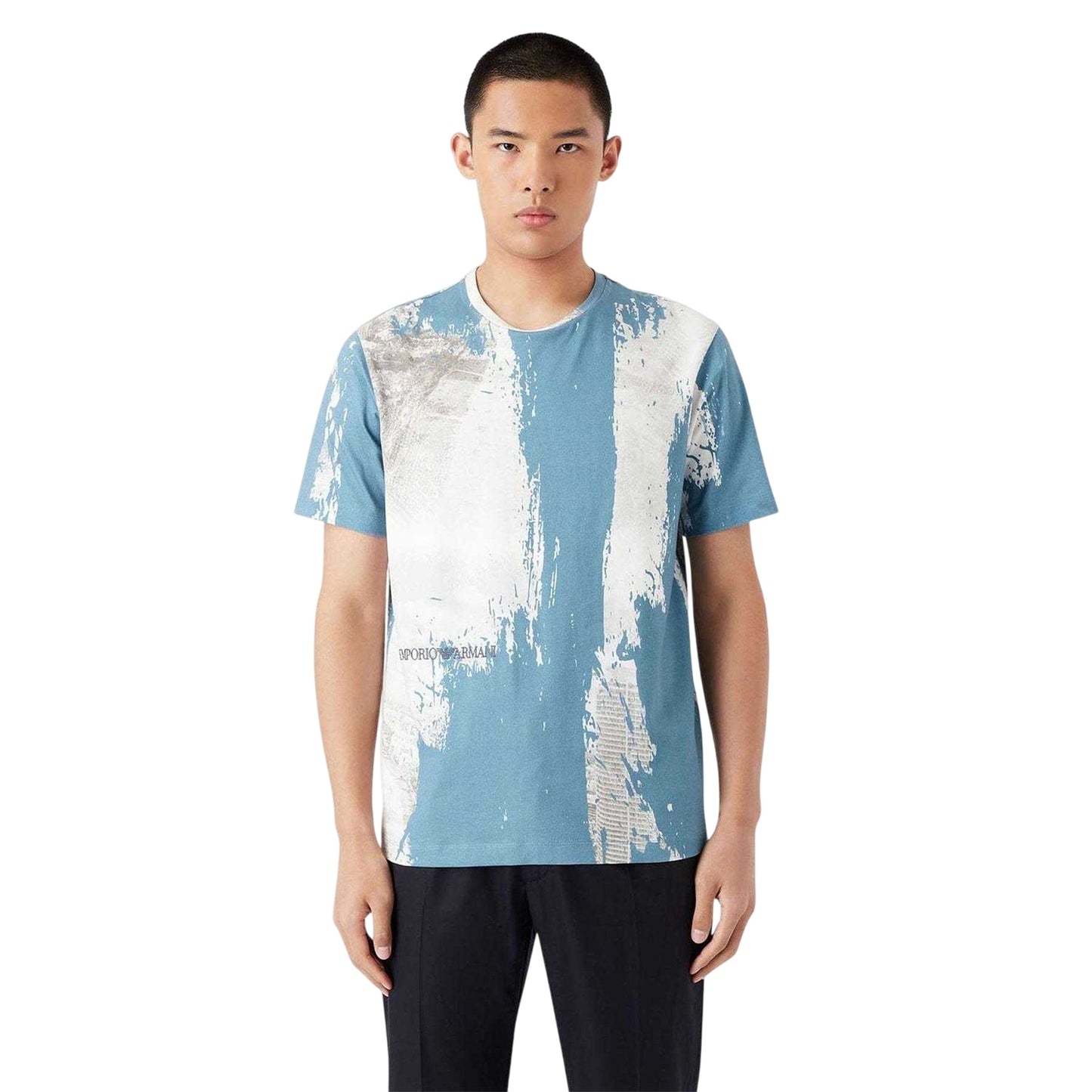 Blue-White - Side - Emporio Armani Mens All-Over Print Logo T-Shirt