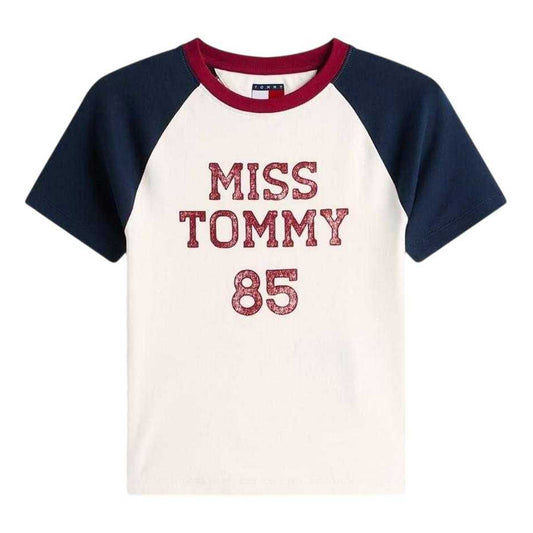 Antique White - Front - Tommy Jeans Womens-Ladies Lettering Crew Neck Raglan T-Shirt