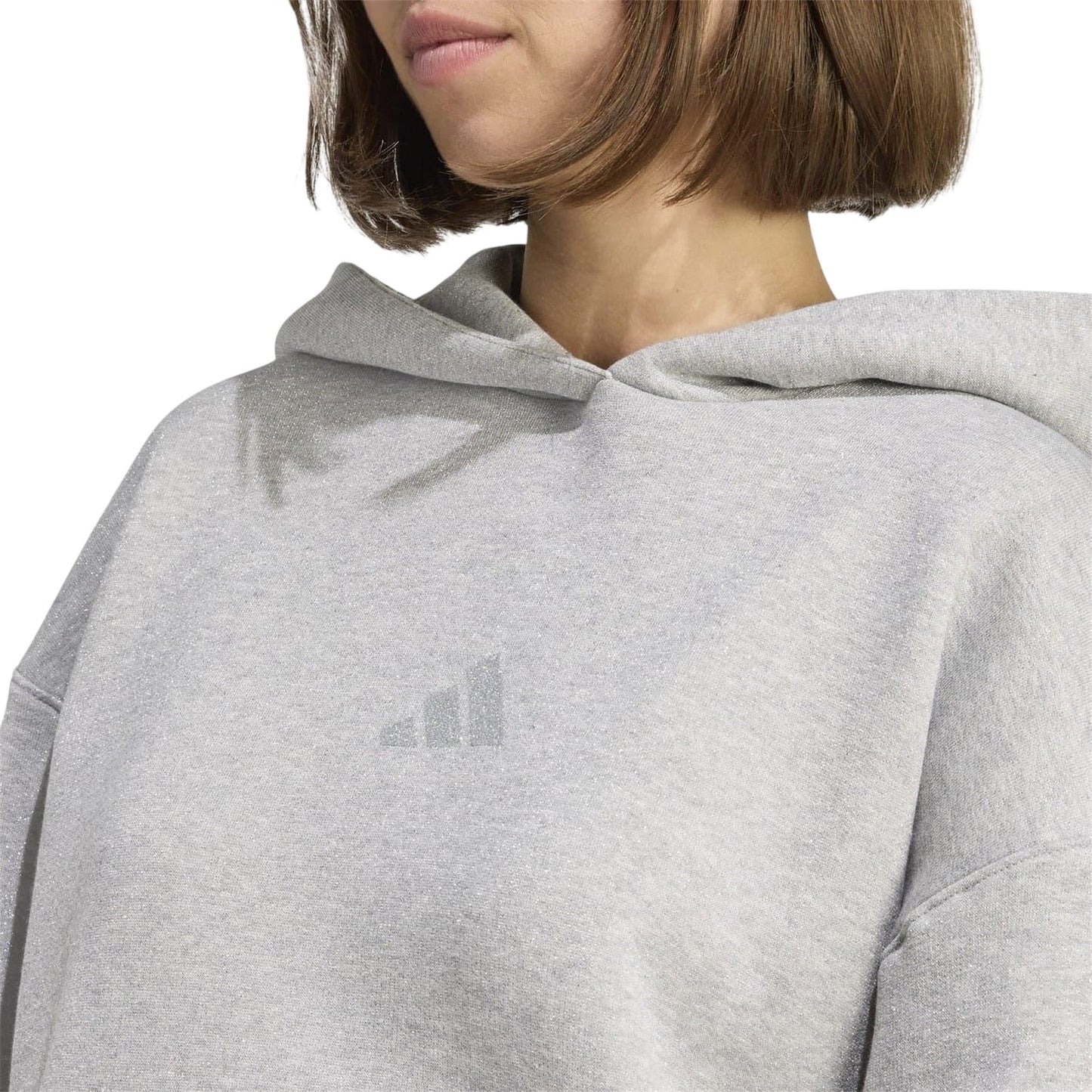 Silver - Lifestyle - Adidas Womens-Ladies Glitter Logo Oversized Drawstring Hoodie