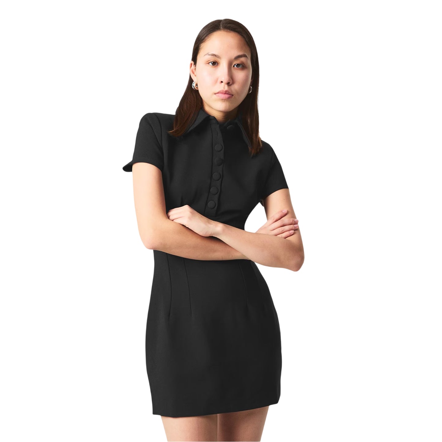 Navy - Side - Muse Womens-Ladies Button Slim Mini Dress