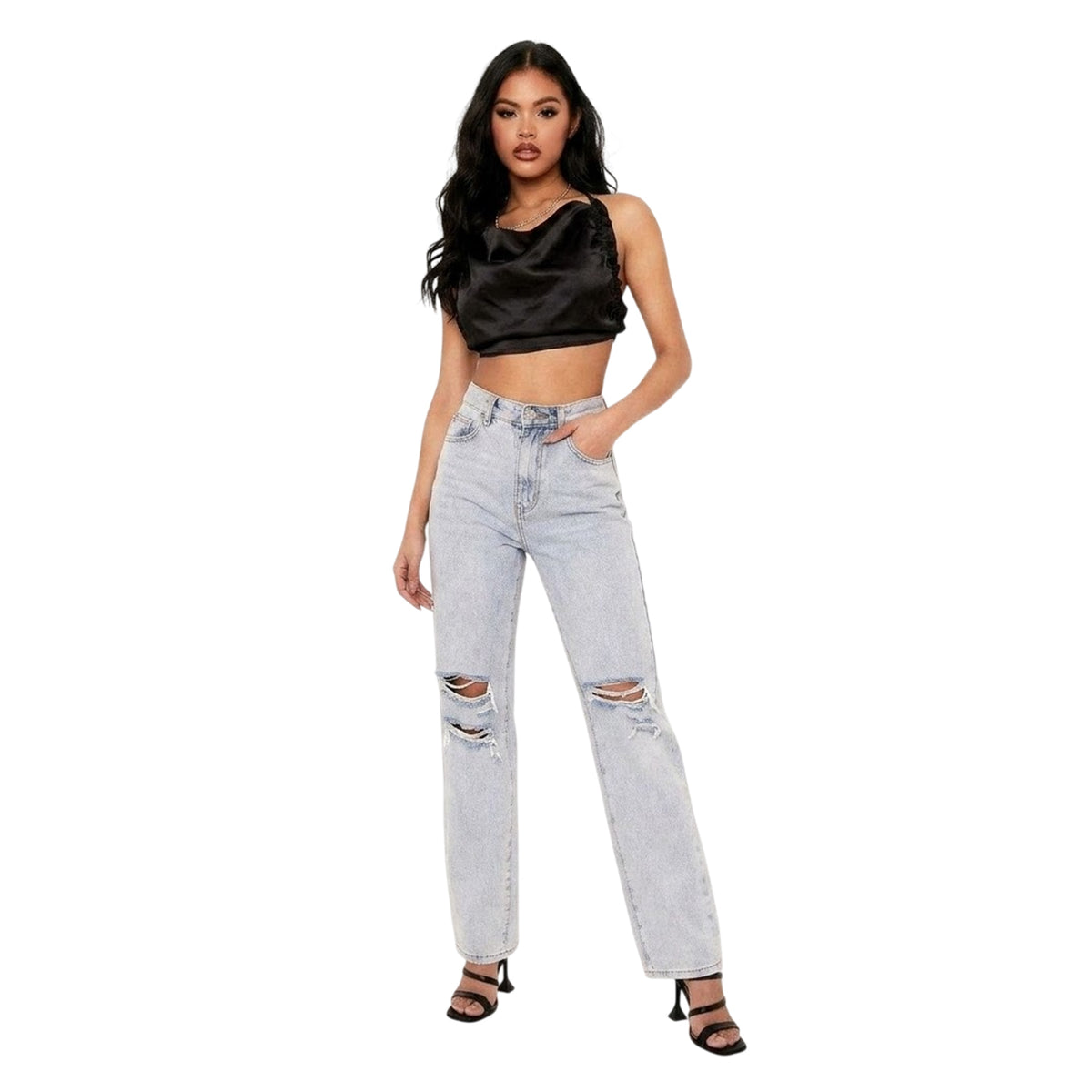 Black - Back - Missy Empire Womens-Ladies Satin Crop Top
