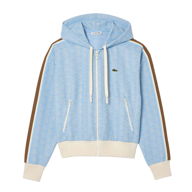 Light Blue-White - Front - Lacoste Womens-Ladies Jacquard Monogram Full Zip Hoodie