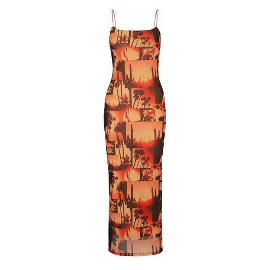 Orange-Black - Front - Hugo Womens-Ladies Mesh Spaghetti Strap Maxi Dress