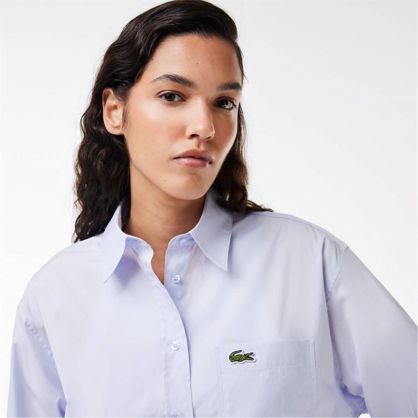 Light Blue - Close up - Lacoste Womens-Ladies Logo Cotton Long-Sleeved Shirt