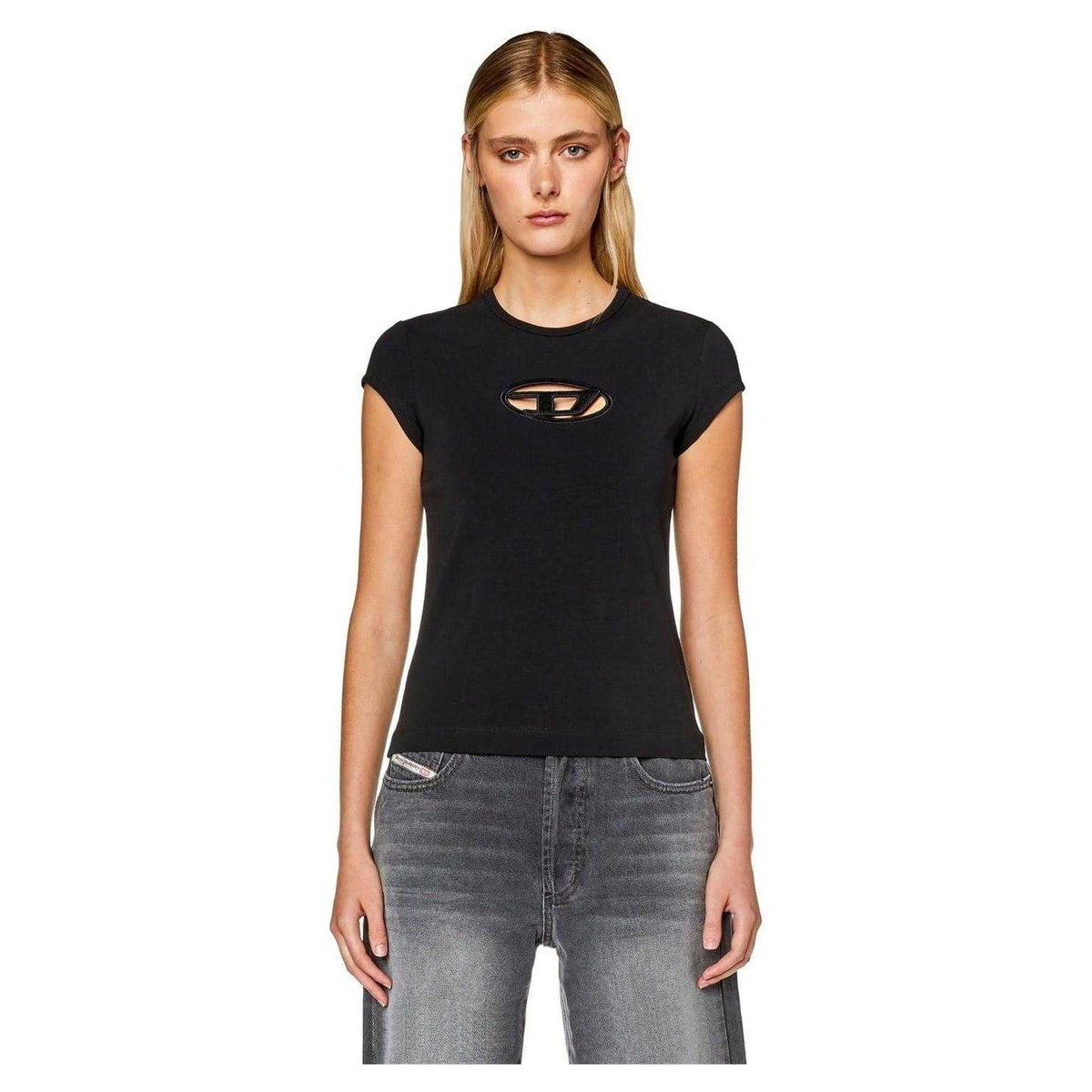 Black - Side - Diesel Womens-Ladies Angie Oval T-Shirt