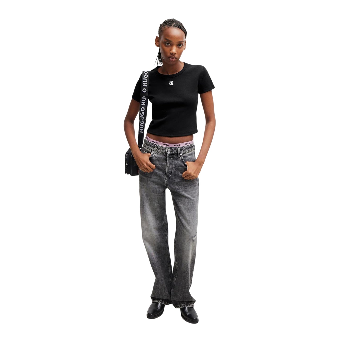 Black - Side - Hugo Womens-Ladies Logo Cotton Crop T-Shirt