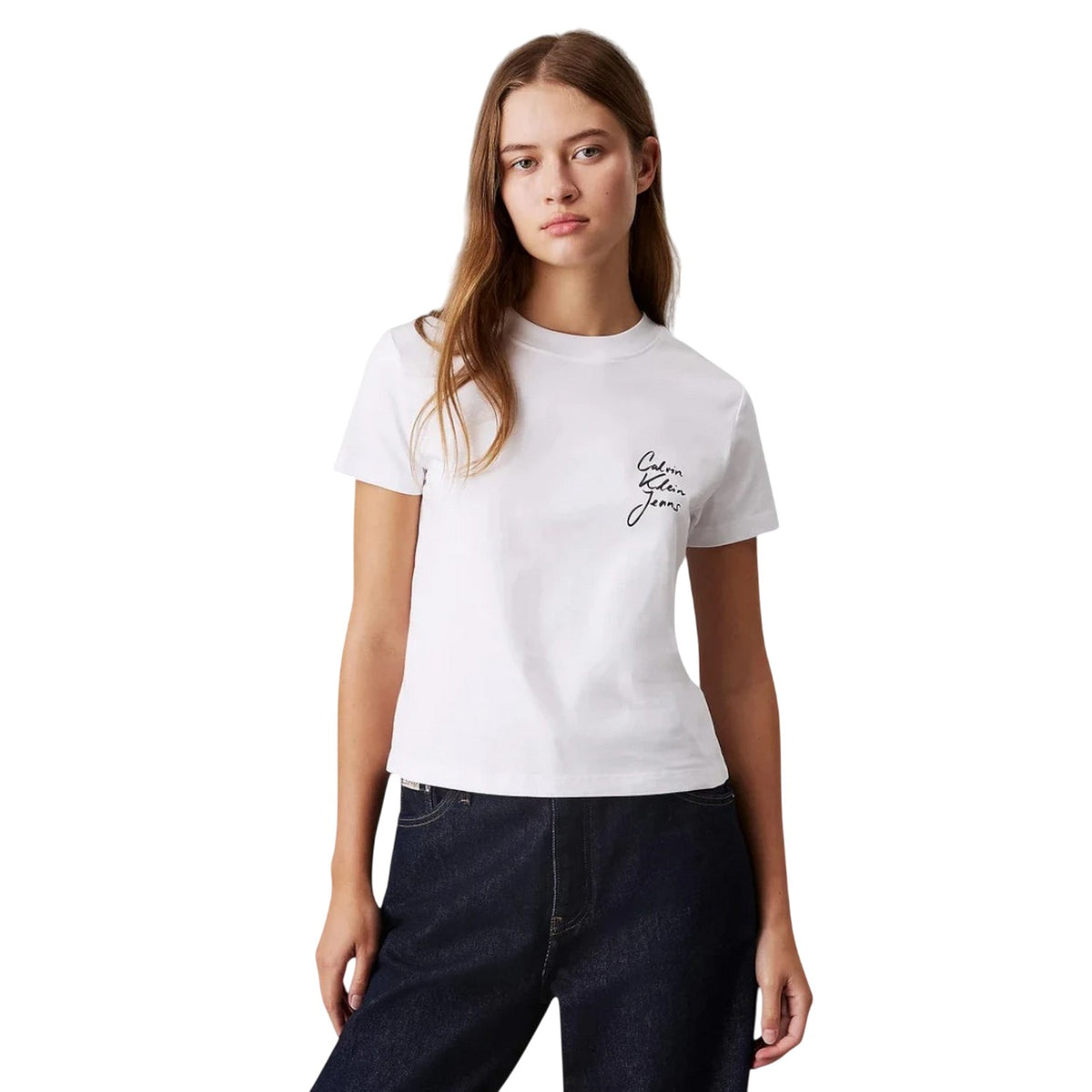 Bright White - Lifestyle - Calvin Klein Womens-Ladies Logo Crew Neck Regular Crop T-Shirt