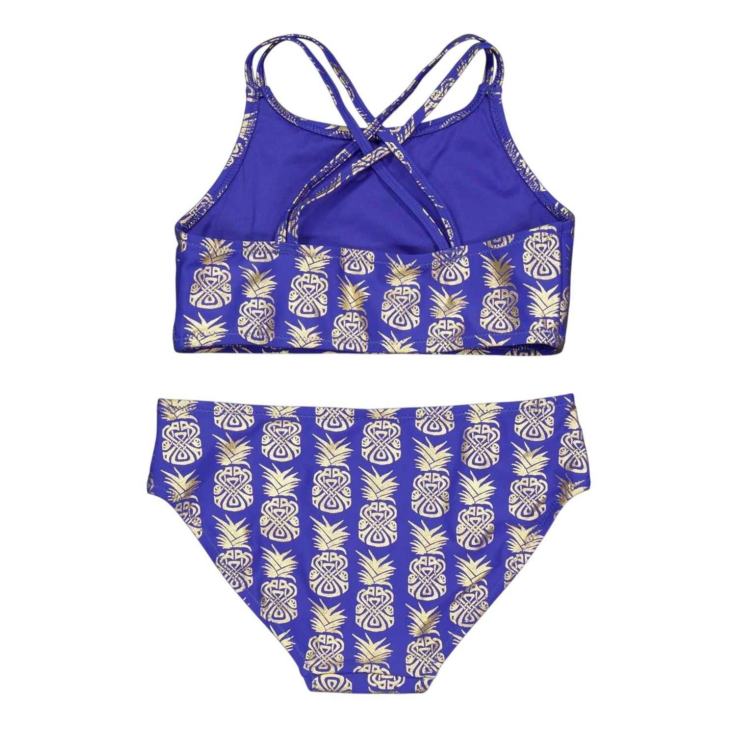 Purple-Gold - Back - Biba Girls Pineapple Cross Back Bikini Set