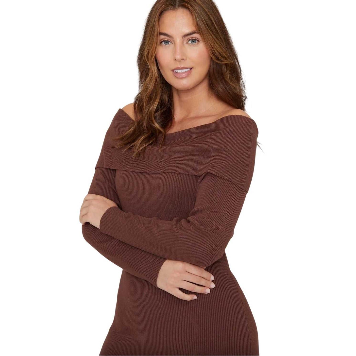 Brown - Side - Be You Womens-Ladies Midi Ribbed Off Shoulder Sweater Dress