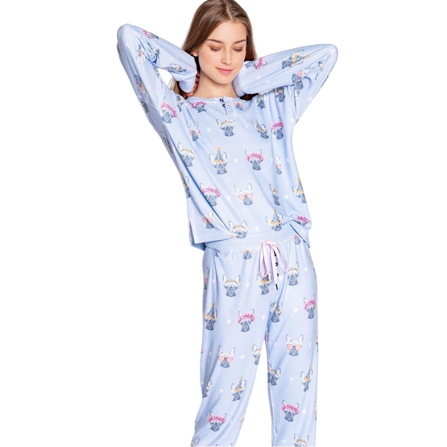Light Blue - Side - PJ Salvage Womens-Ladies French Bulldog Pyjama Set