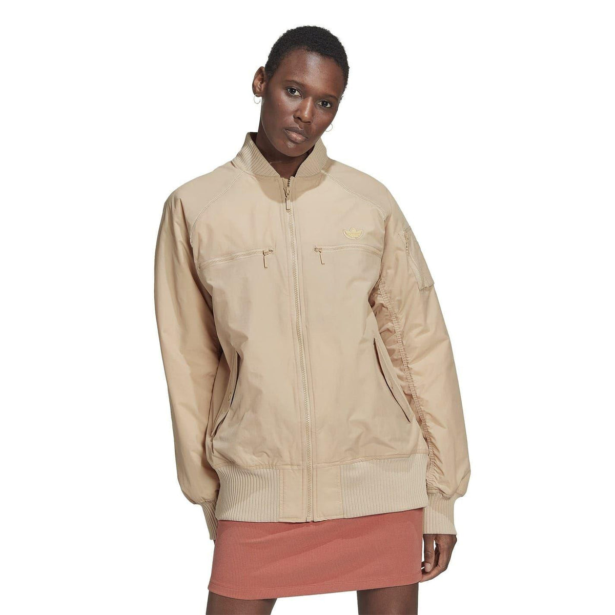Beige - Pack Shot - Adidas Womens-Ladies Funnel Neck Short Bomber Jacket