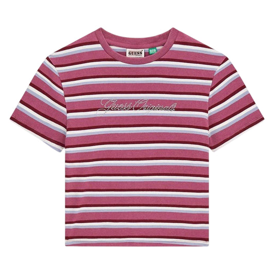 Purple Blush - Front - Guess Womens-Ladies Stripe T-Shirt