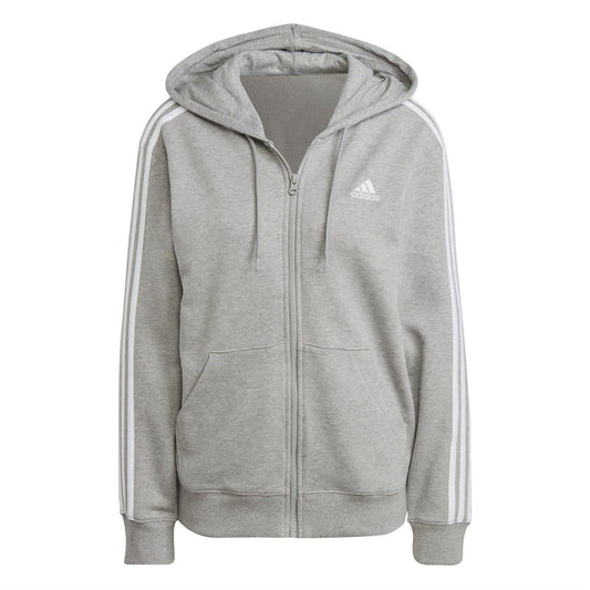 Medium Grey-White - Front - Adidas Womens-Ladies 3 Stripes Fleece Full Zip Hoodie