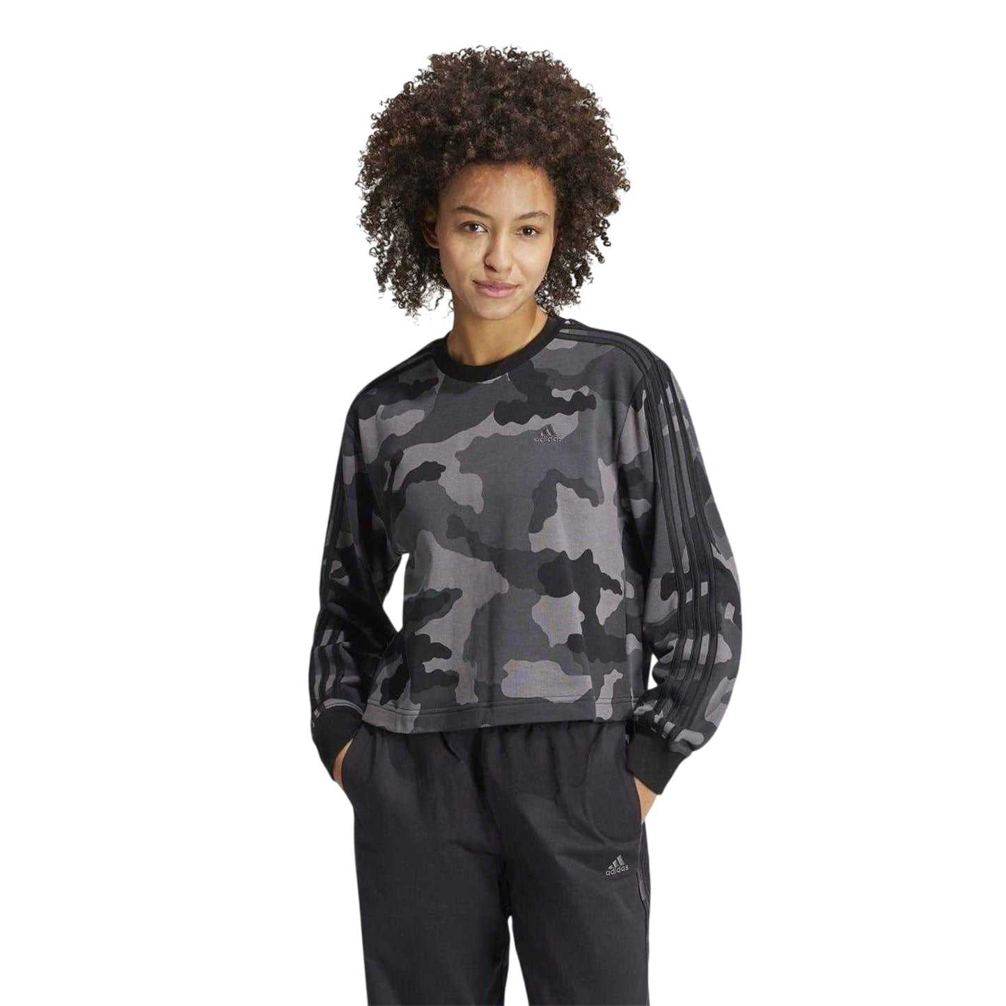 Black - Side - Adidas Womens-Ladies Essentials Camo Stripes Loose Fit Crop Sweatshirt