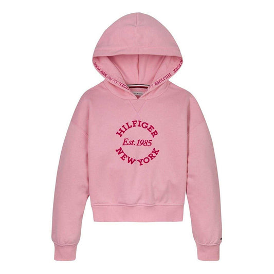 Pink - Front - Tommy Hilfiger Girls New York Hooded Relaxed Fit Crop Sweatshirt