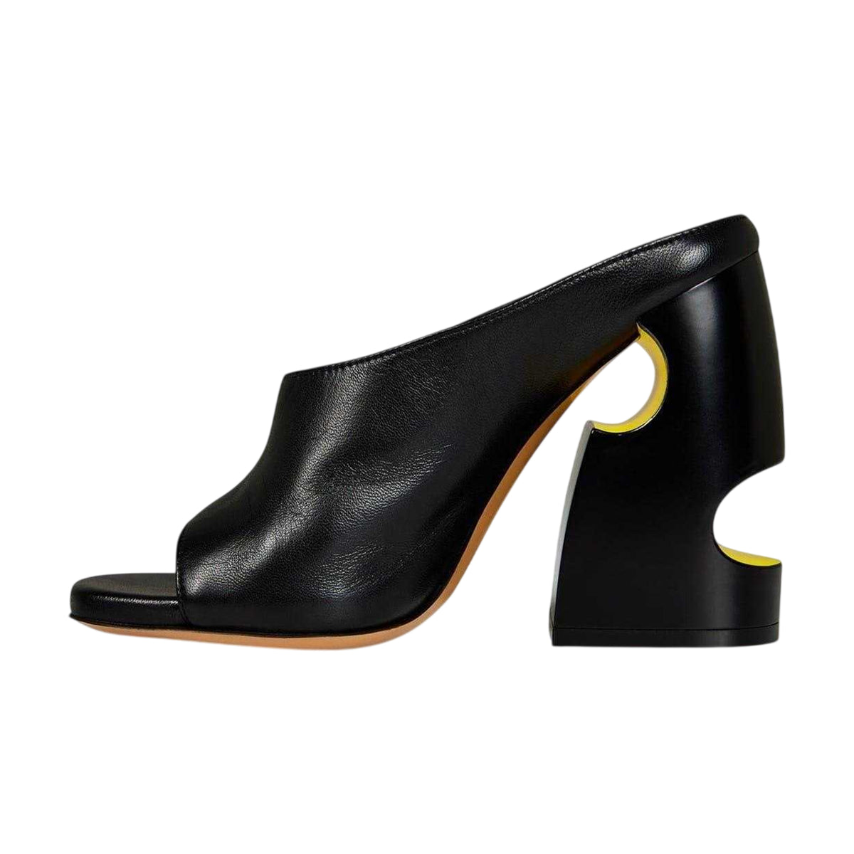 Black-Yellow - Back - Off White Womens-Ladies Cut Out Leather High Block Heel Mules