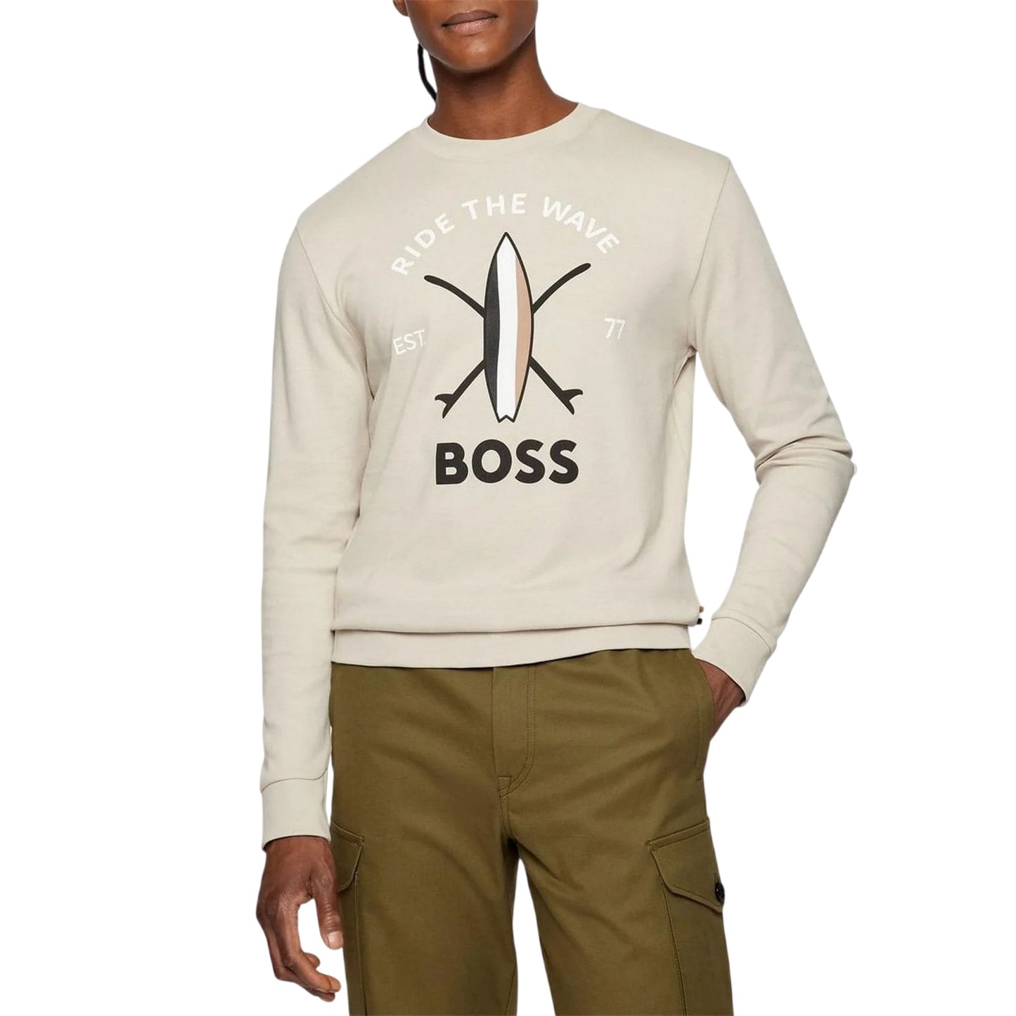 Beige - Side - Boss Mens Ride The Wave Logo Sweatshirt