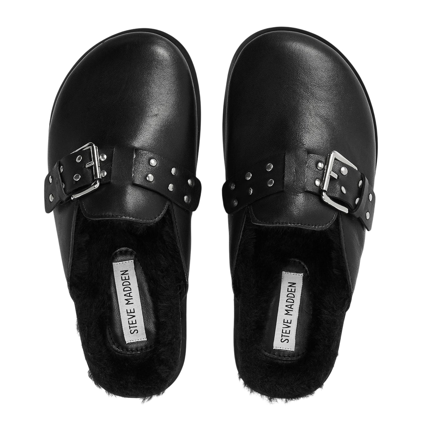 Black - Side - Steve Madden Womens-Ladies Evergreen Suede Buckle Detail Flat Clogs