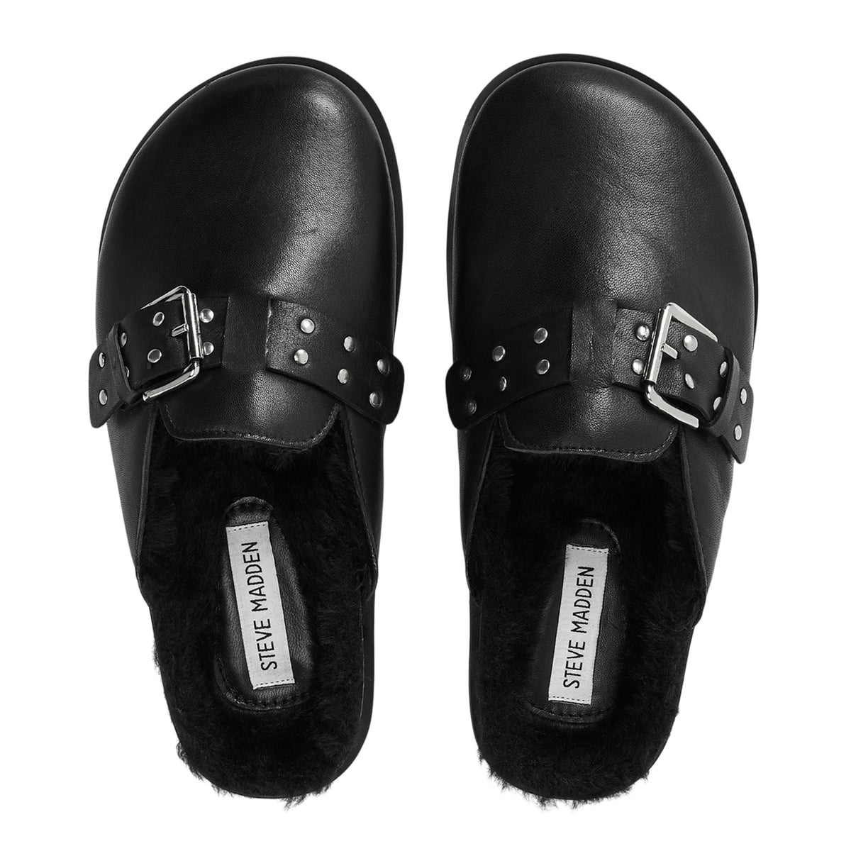 Black - Side - Steve Madden Womens-Ladies Evergreen Suede Buckle Detail Flat Clogs