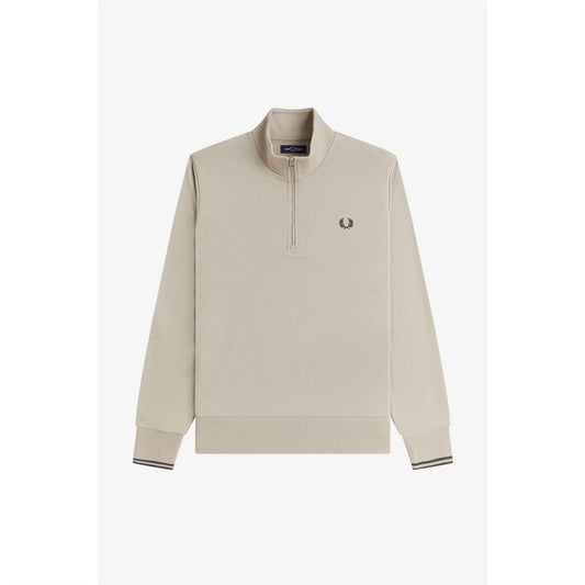 Warm Beige - Front - Fred Perry Mens Logo Half Zip Sweatshirt