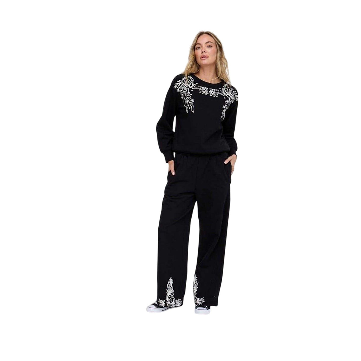 Black - Side - Raffya Womens-Ladies Embroidered Crew Neck Long-Sleeved Sweatshirt