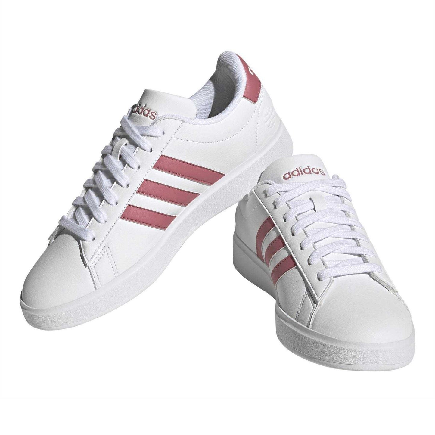 White - Pack Shot - Adidas Womens-Ladies Grand Court 2.0 Striped Flat Trainers