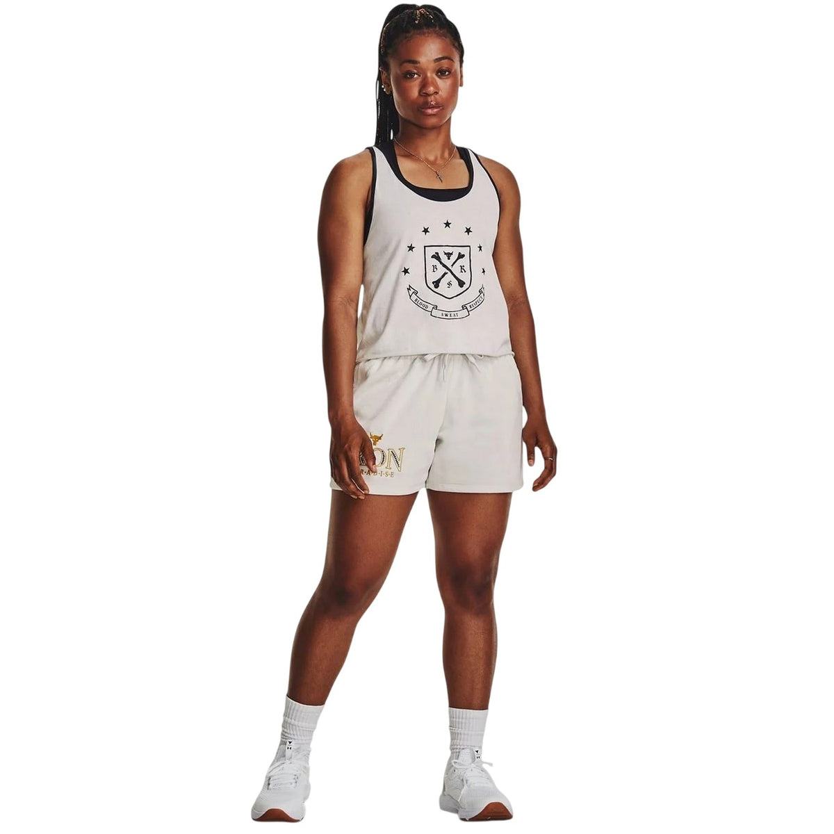 White - Pack Shot - Under Armour Womens-Ladies Project Rock Iron Paradise Shorts