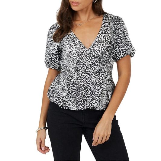 Black-White - Front - Brave Soul Womens-Ladies V Neck Puff Sleeve Wrap Top