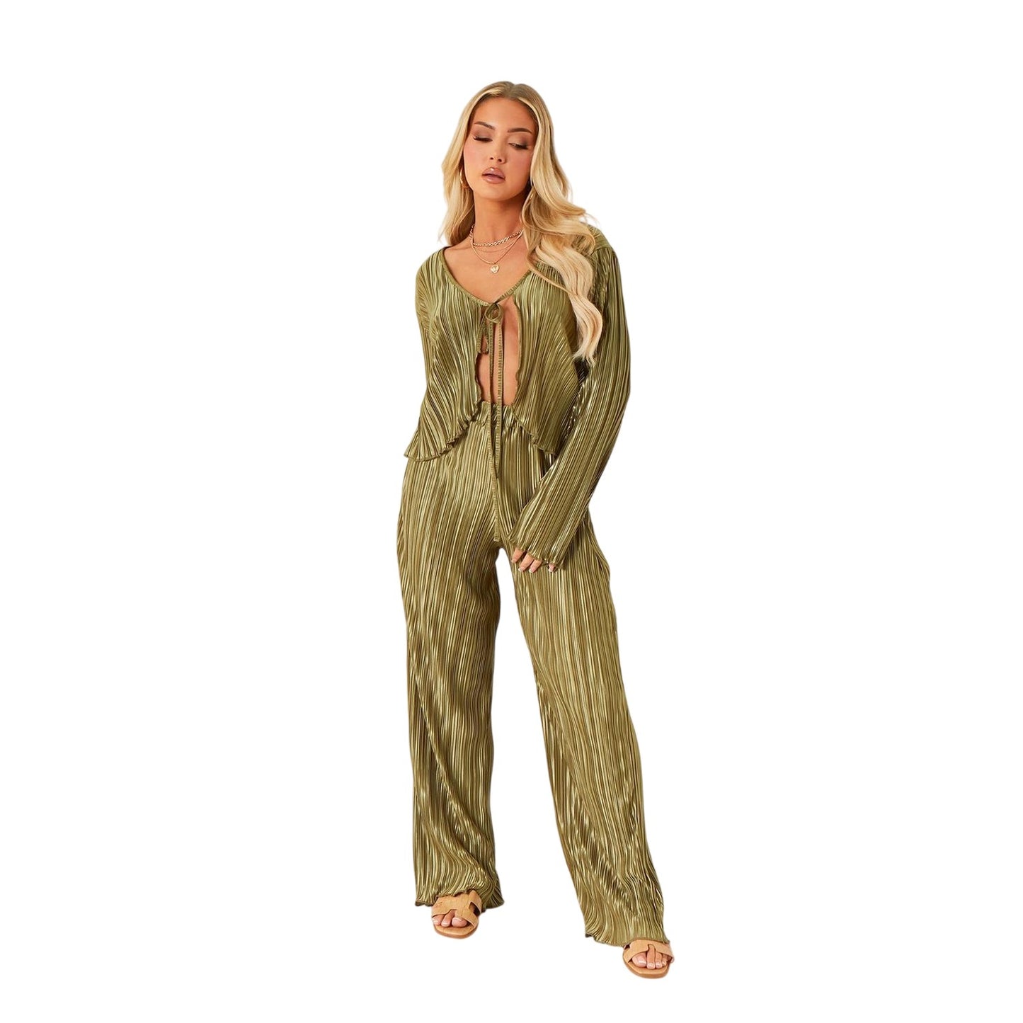 Khaki Green - Back - Missy Empire Womens-Ladies Tie Detail Plisse Crop Top